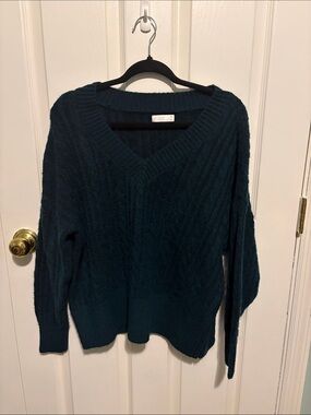 LC Lauren Conrad Teal Cable-Knit V-Neck Sweater